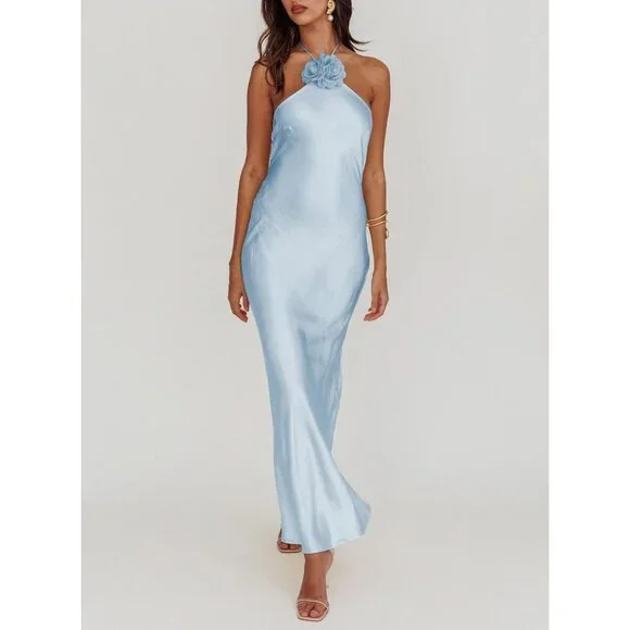 Women's Blue Summer Silk Sleeveless Cocktail Formal Backless Long Maxi - Picture 5 of 6